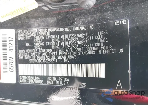 2012 Toyota Sienna Xle V6 8 Passenger из США, поврежденный, VIN 5TDYK3DC3CS255214